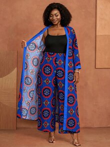 BrightlyHer Plus Size Floral Print Jacket And Loose Pants 2 Pieces Set Vacation Brunch Formal Vacation Blue And Yellow Autumn Boho Elegant Soft Form - Royal Blue - View 7