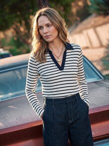 Dayvera Contrast Color Lapel Horizontal Striped Long Sleeve Polo Shirt, Slim Fit Flattering French Casual V-Neck Undershirt - Navy Blue - View 5