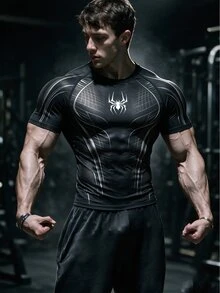 GymBeat Men's Spider Print Short Sleeve Slim Fit Sports T-Shirt, Gym - Multicolor - View 1