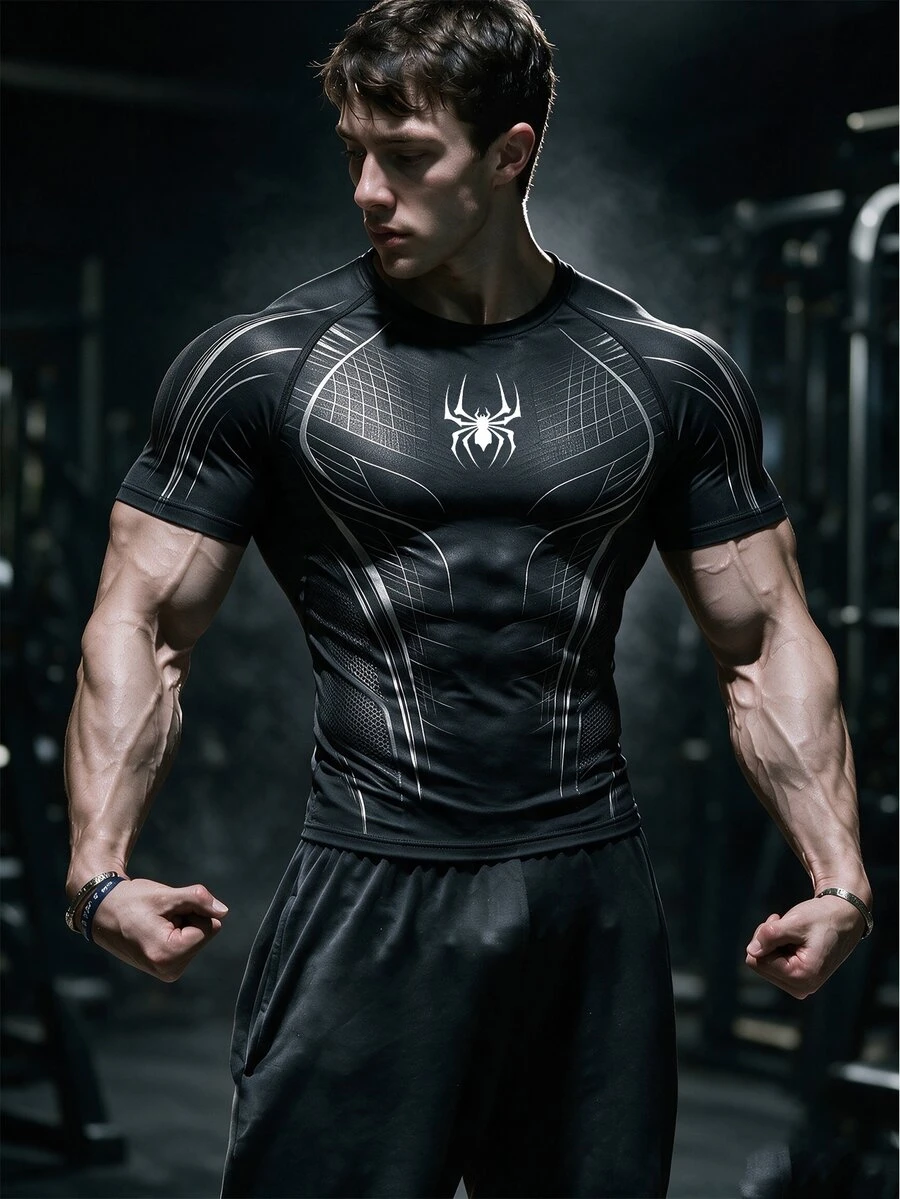 GymBeat Men's Spider Print Short Sleeve Slim Fit Sports T-Shirt, Gym - Multicolor - View 1