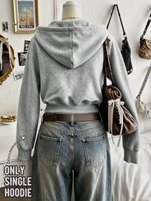 Lalippa Women's Solid Color Long Sleeve Casual Hooded Short Zip-Up Sweatshirt - Light Grey - View 2