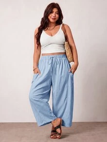 Enliva Plus Size Loose Fit Drawstring Casual Cropped Pants - Baby Blue - View 3
