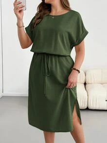 Shapeblank Plus-Size Women's Summer Fashionable Casual Loose Comfortable Everyday Slimming Midi Dress - Army Green - View 3