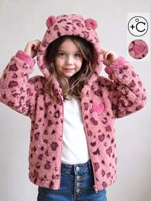 SHEIN Genkimix Kids 女童秋冬休閒時尚豹紋抓絨拉鍊連帽開襟外套 - 粉色 - 查看 3