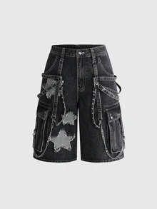 ROMWE Grunge Punk 音樂節穿搭 龐克金屬鉚釘 寬鬆寬腿牛仔中長褲 - 灰色 - 查看 1