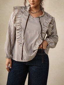 Nubod Plus Size Spring/Autumn Vintage Plaid Country Style Romantic French Inspired Round Neck Tie Front Drawstring Chest Shoulder Patchwork Ruffle Lace Puff Sleeve Long Sleeve Blouse - Brown - View 3