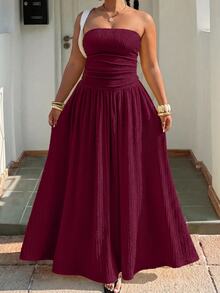 Muchica Plus Size Women Solid Color Pleated Casual Party Strapless Dress - Burgundy - View 1