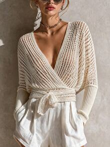 SHEIN LUNE Women's Fashion Versatile Hollow Long Sleeve Sweater For Vacation - White - View 2