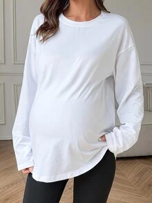 Dazy Maternity Atasan Lengan Panjang Longgar Warna Polos Kasual untuk Sehari-hari, Pakaian Jalanan, Liburan, Musim Semi, Musim Gugur, dan Ibu Hamil - Putih - View 5