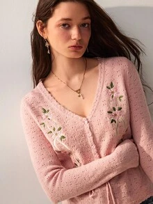Willow Rêve Women's Dusty Pink V-Neck Cardigan Sweater With Floral Embroidery, Button Front, Drawstring Waist And Long Sleeves, Romantic Cottagecore Autumn Style - Pink - View 5