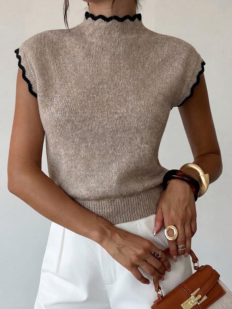 Firerie Elegant High Neck Loose Casual Versatile Sleeveless Colorblock Knit Sweater Vest, Chic Women's Outing Top, Suitable For Dates - White - View 6