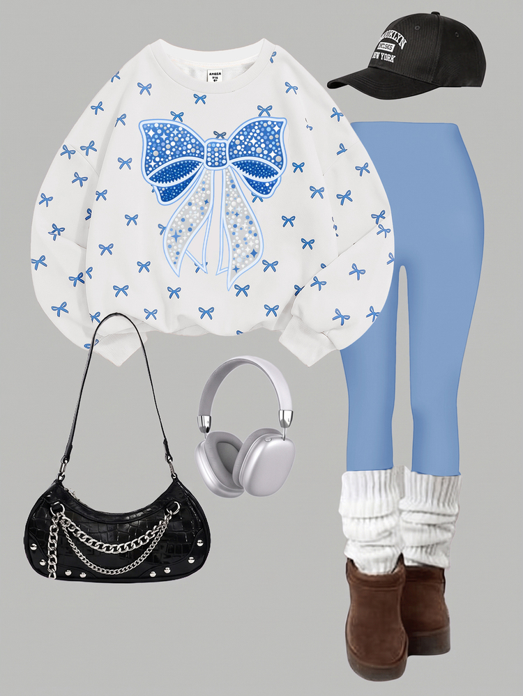 SHEIN Tween Girls Casual Crew Neck Long Sleeve Sweatshirt & Leggings 2 Pieces Set, Printed Long Pants, Simple Versatile Fashion Commute Outfit For Autumn/Winter - White - View 2