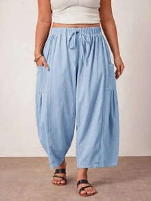 Enliva Plus Size Loose Fit Drawstring Casual Cropped Pants - Baby Blue - View 4