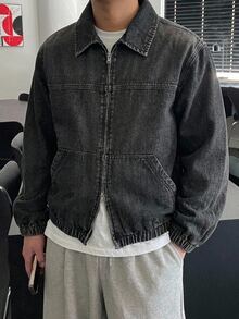 DAZY 秋季男士純色水洗連帽設計黑色牛仔夾克 - 深灰色 - 查看 3