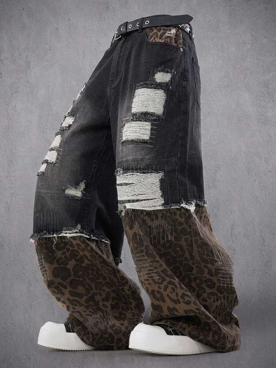 Manfinity Denimwave 男士拼色做舊設計休閒日常直筒牛仔褲 - 黑色 - 查看 1