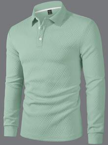 Calvornis Men's Solid Color Casual Commute Long Sleeve Polo Shirt - Green - View 5