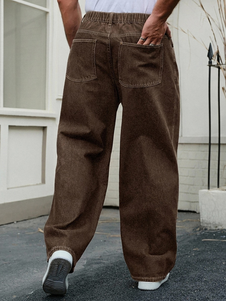 Spring/Autumn Brown Washed Distressed Semi-Elastic Waist Straight Leg Plus Size Men's Jeans
