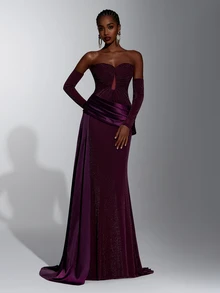 Elitara Women's Elegant Romantic Satin Patchwork Pleated Dress For Birthday Party, Wedding - Dark Purple - View 1