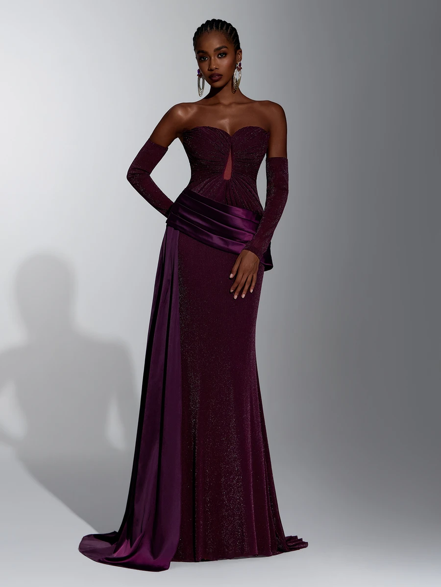 Elitara Women's Elegant Romantic Satin Patchwork Pleated Dress For Birthday Party, Wedding - Dark Purple - View 1