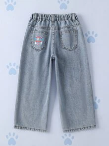 SHEIN | PAW Patrol Young Girl Cartoon Pattern Pocket Button Casual Daily Denim Jeans - Blue - View 2