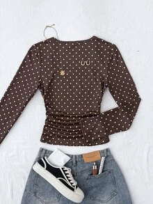 SHEIN 青少年女孩棕色波點方領修身長袖秋季上衣 T-shirt，白色上衣，長袖上衣，秋季穿搭，可愛，復古，休閒 - 棕色 - 查看 2