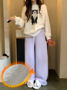 DAZY Cute Cat Pattern Autumn/Winter Knitted 2-Piece Women's Pajama Set - Apricot - View 5
