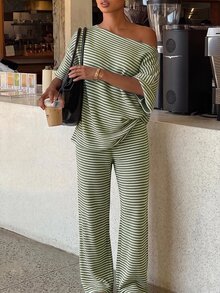 Siren Gaze 女款條紋不對稱領蝙蝠袖T恤與長褲休閒兩件套 - 軍綠色 - 查看 2
