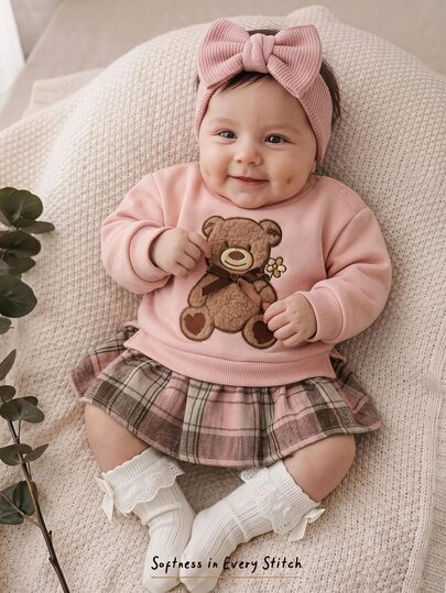 Cozy Pixies Newborn Baby Girl Cartoon Embroidery Bear Pattern Knitted Soft Round Neck Long Sleeve Pullover Autumn Winter Dress Warm Outing Pink Sweatshirt Autumn