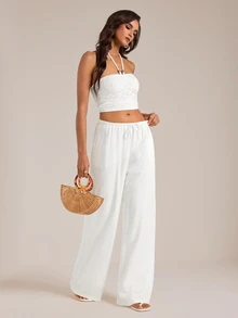 SHEIN Tall بنطلون طويل من الكتان الأبيض بلون موحد بخصر منخفض، بنطلون طويل للعطلات والشاطئ، بنطلون طويل فضفاض من الكتان الأبيض، مناسب للربيع والصيف والخريف والشتاء - أبيض - مشاهدة 4
