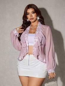 Viva Relle Plus Size Women's Beaded Rhinestone Decor Sheer Elegant Lace Casual Sexy Thin Jacket Fall Wedding Formal Party Pink - Mauve Purple - View 6