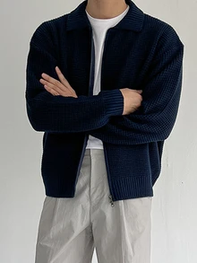 DAZY Áo cardigan len dệt vân cổ bẻ phong cách Hàn Quốc cho nam, thời trang công sở xuân/thu - Màu xanh hải quân - Xem 2