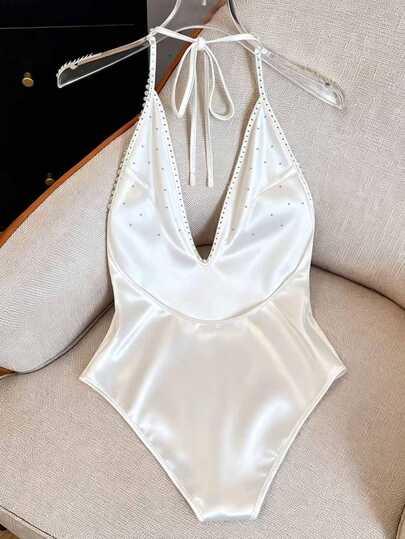 Resyla Plus Size Sweet Fashion Halter Neck Tie-Up Bodysuit With Bead Decoration