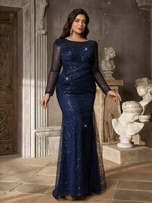 Aureia Plus Size Elegant Luxury Deep Blue Sequin Bead Sheer Long Sleeve Asymmetrical Neckline Ruched Fitted Mermaid Tail Train Patchwork Side Flounce Suitable For Wedding Events Evening Party Ball Heavy Work Evening Gown (Heavy Work Design) - Navy Blue - View 7