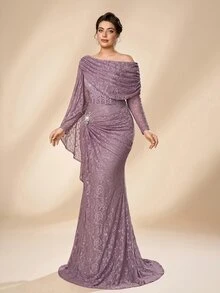 Serin Plus Size Elegant Lilac Lace Ruched Drop-Shoulder Long Sleeve Handmade Applique Beaded Mermaid Maxi Dress, Suitable For Formal Evening Party, Vacation, Wedding Event, Mother Of The Bride Gown - Lilac Purple - View 5