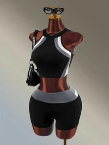 Amplova Women's Black White Gray Colorblock Sports Tank Top And Fitted Shorts Set - Black and White - View 3
