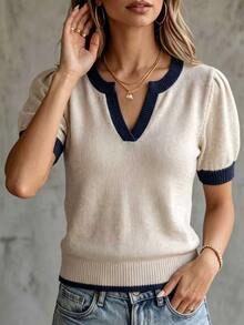SHEIN Casual Loose V-Neck Short Sleeve Knit Top With Contrast Trim Design, Khaki Color, Women's Spring/Summer - Navy Blue - View 4