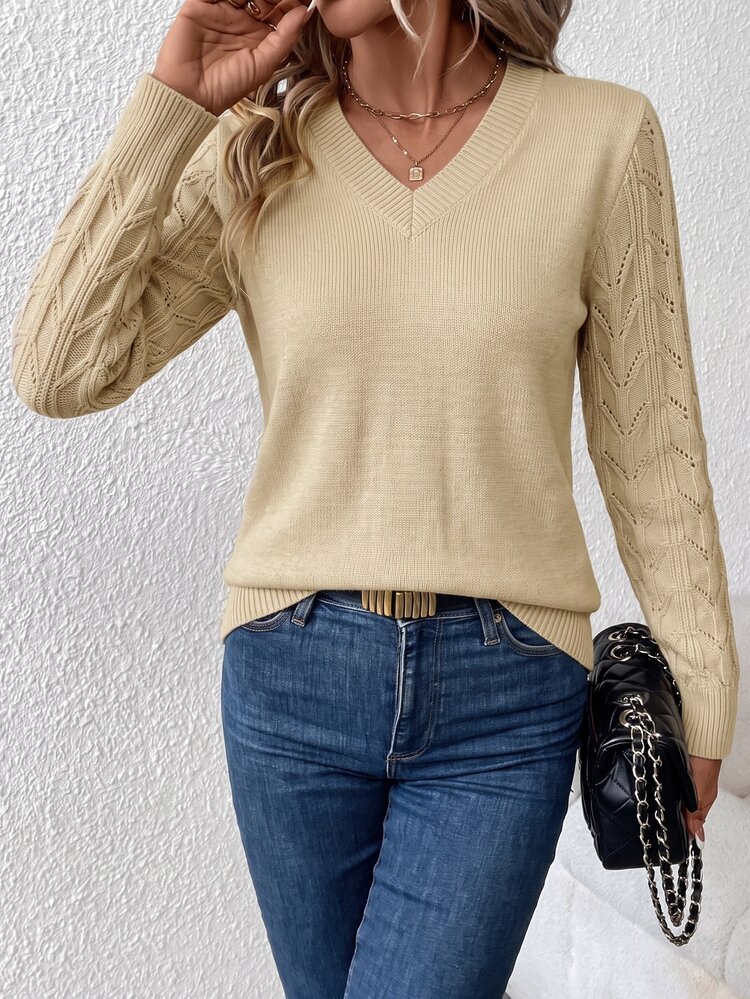 SHEIN Clasi Women's V-Neck Long Sleeve Sweater,Long Sleeve Tops In Fall/Winter - Khaki - View 1