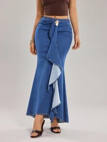 Rivivi Women's Patchwork Ruffle Fashion Mermaid Denim Skirt - Blue - View 5