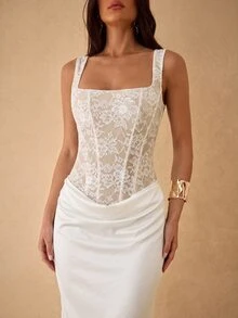SHEIN x Luisa Sonza Silquee 女款純色對比蕾絲魚尾下擺優雅無袖洋裝 - 白色 - 查看 5
