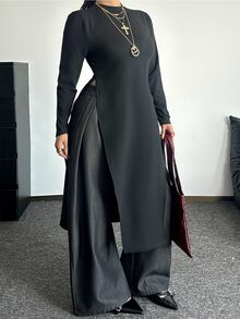 POPSWAY Plus Size Fashion Minimalist Round Neck Long Split Hem T-Shirt - Black - View 1