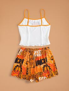 GARFIELD | SHEIN 女款字母卡通印花細肩帶上衣與短褲休閒日常睡衣套裝 - 橘色 - 查看 2
