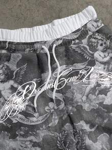 Manfinity ZONE917 American Boxy Casual Fashion Distressed Gray Little Angel Ribbon Pattern Cursive English Print Double Layer Waist Short Sweatpants - Multicolor - View 2