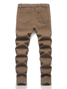 Tween Boy Fashion Casual Coffee Brown Paint-Stained Hole Distressed Stretchy Tight Jeans - Coffee Brown - View 2