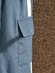 SHEIN Explorewe 返校季 男童2件套休閒半拉鍊連帽長袖夾克，白色滾邊配寬/窄織帶，搭配梭織長褲，3D工裝口袋、側邊白色寬織帶與鬆緊腰，男童夏季長袖長褲套裝，男童服飾套裝 - 藍色 - 查看 5