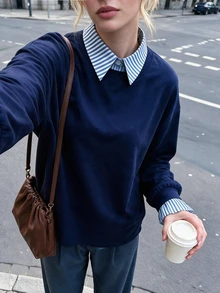 Struktiv Casual Striped Collar Mock Layered Sweatshirt Oversized Long Sleeve Pullover Top For Women - Navy Blue - View 7