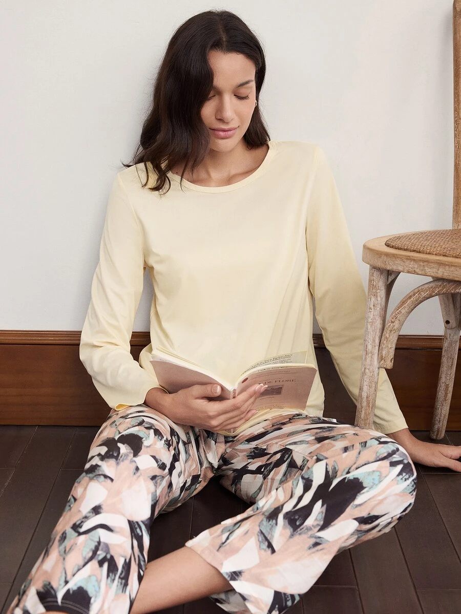 Doze Lane Minimalist Solid Color Long Sleeve Top + Abstract Art Print Long Pants Loungewear Casual Set - Multicolor - View 1