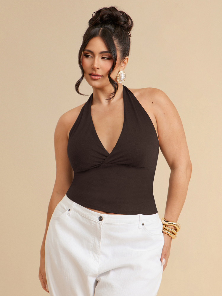 SHEIN BAE CURVE Tank Top Minimalis Warna Polos Seksi Model V-Neck Halter dengan Tali Simpul Pita, Serbaguna untuk Pesta, Liburan, dan Kencan - Coffee Brown - View 1