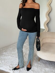 Dazy Maternity Solid Color Fitted Elastic Square Neck Long Sleeve Casual Vacation Spring/Autumn Maternity T-Shirt - Black - View 7