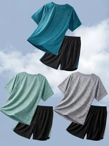 SHEIN Tween Boy Patchwork Geometric Pattern T-Shirt And Shorts 2 Pieces Sports Outfit - Blue - View 2