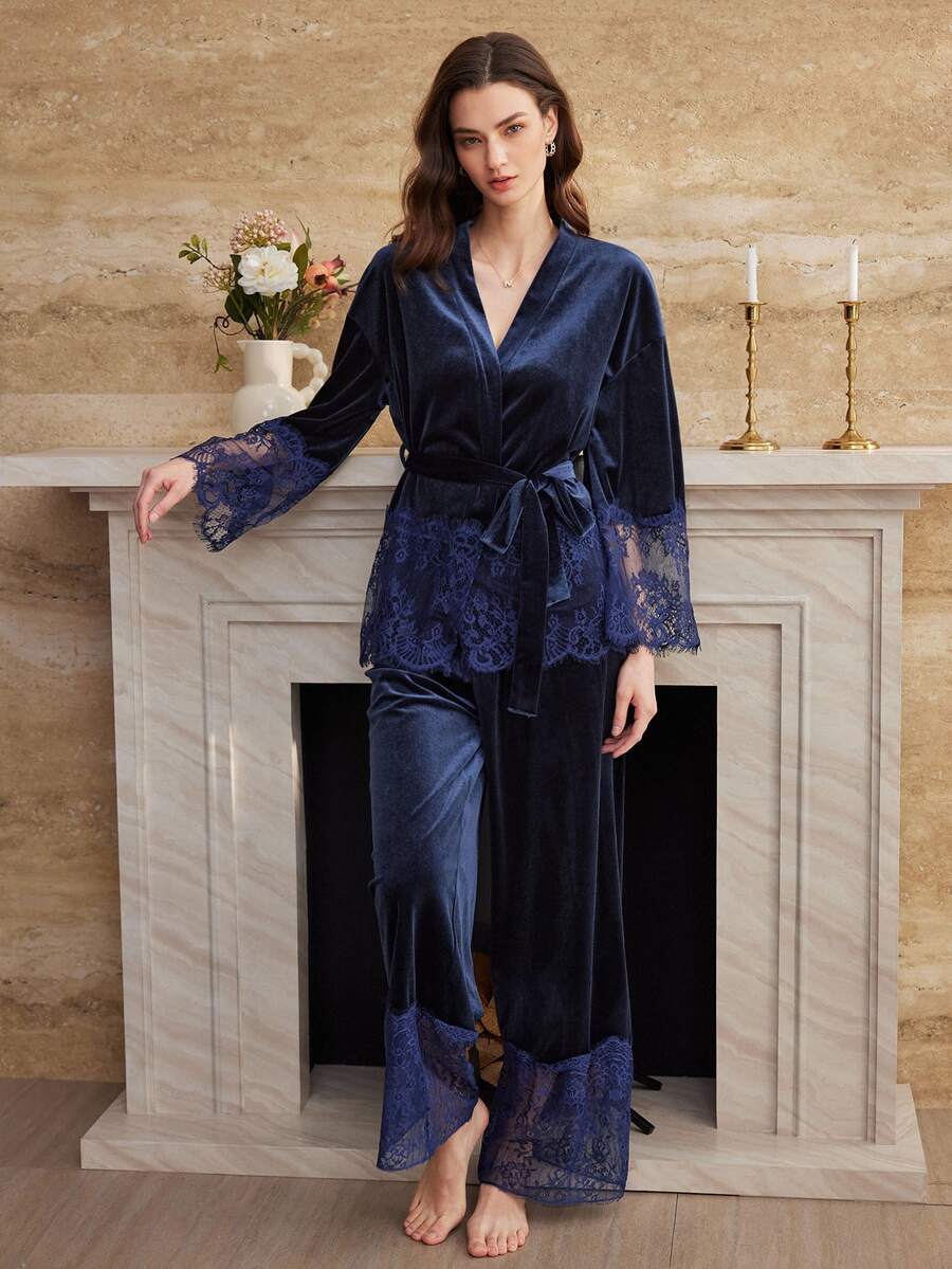 Moireta طقم ملابس نوم نسائي كاجوال يومي للمنزل مكون من ملابس علوية دانتيل بتصميم مرقع وبنطلون طويل - أزرق بحري - مشاهدة 1